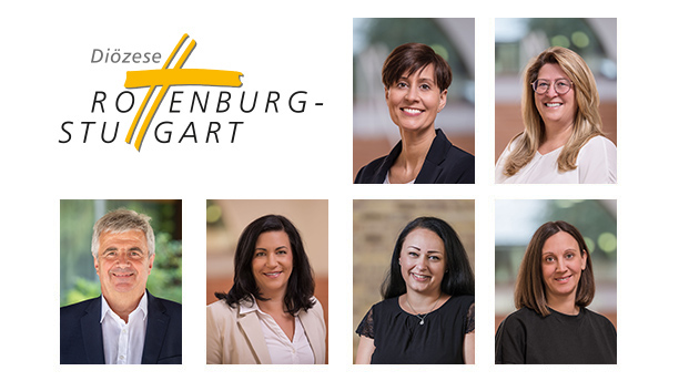 Logo Diözese Rottenburg Stuttgart mit diversen Bildern von Mitarbeitern